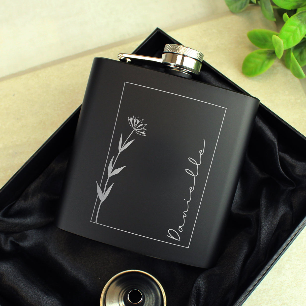 Personalised Monochrome Floral Name Black Hip Flask: 5 - Hip Flasks By Gift Moments
