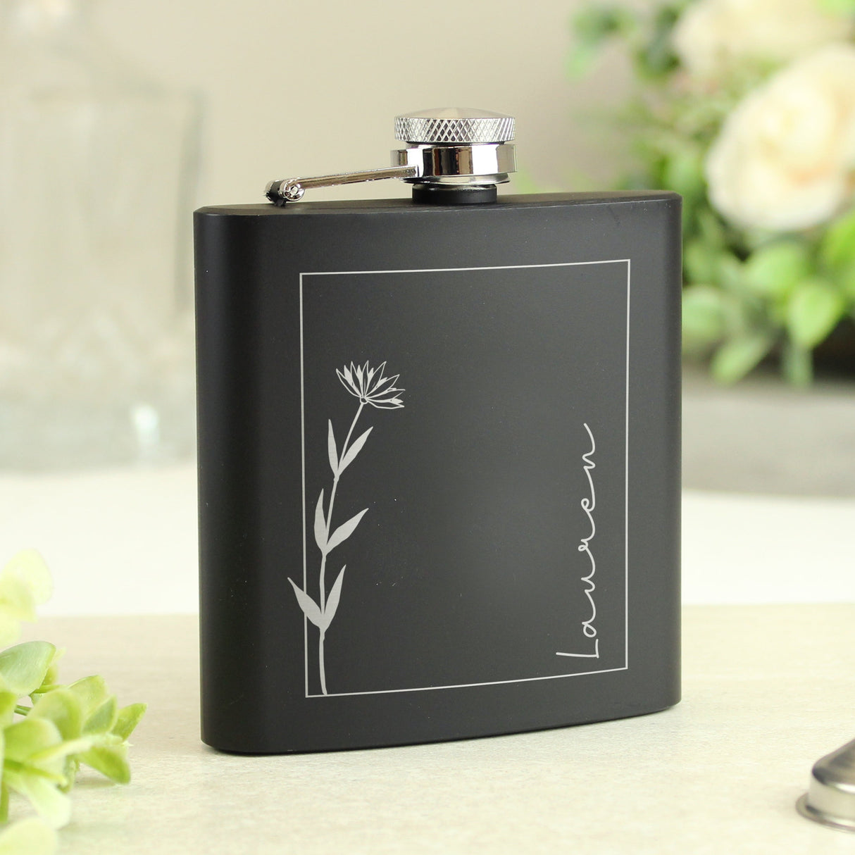 Personalised Monochrome Floral Name Black Hip Flask: 7 - Hip Flasks By Gift Moments