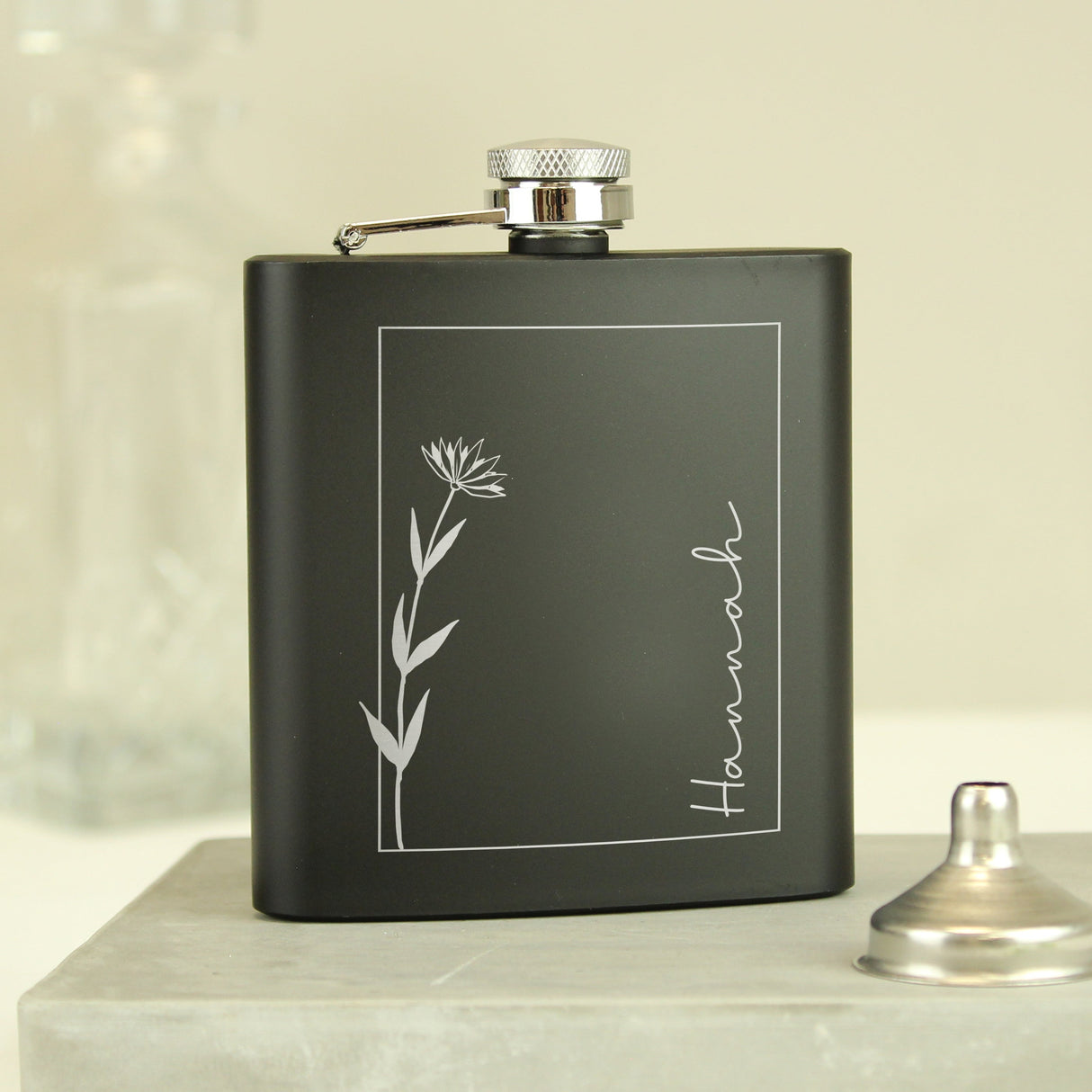 Personalised Monochrome Floral Name Black Hip Flask: 4 - Hip Flasks By Gift Moments