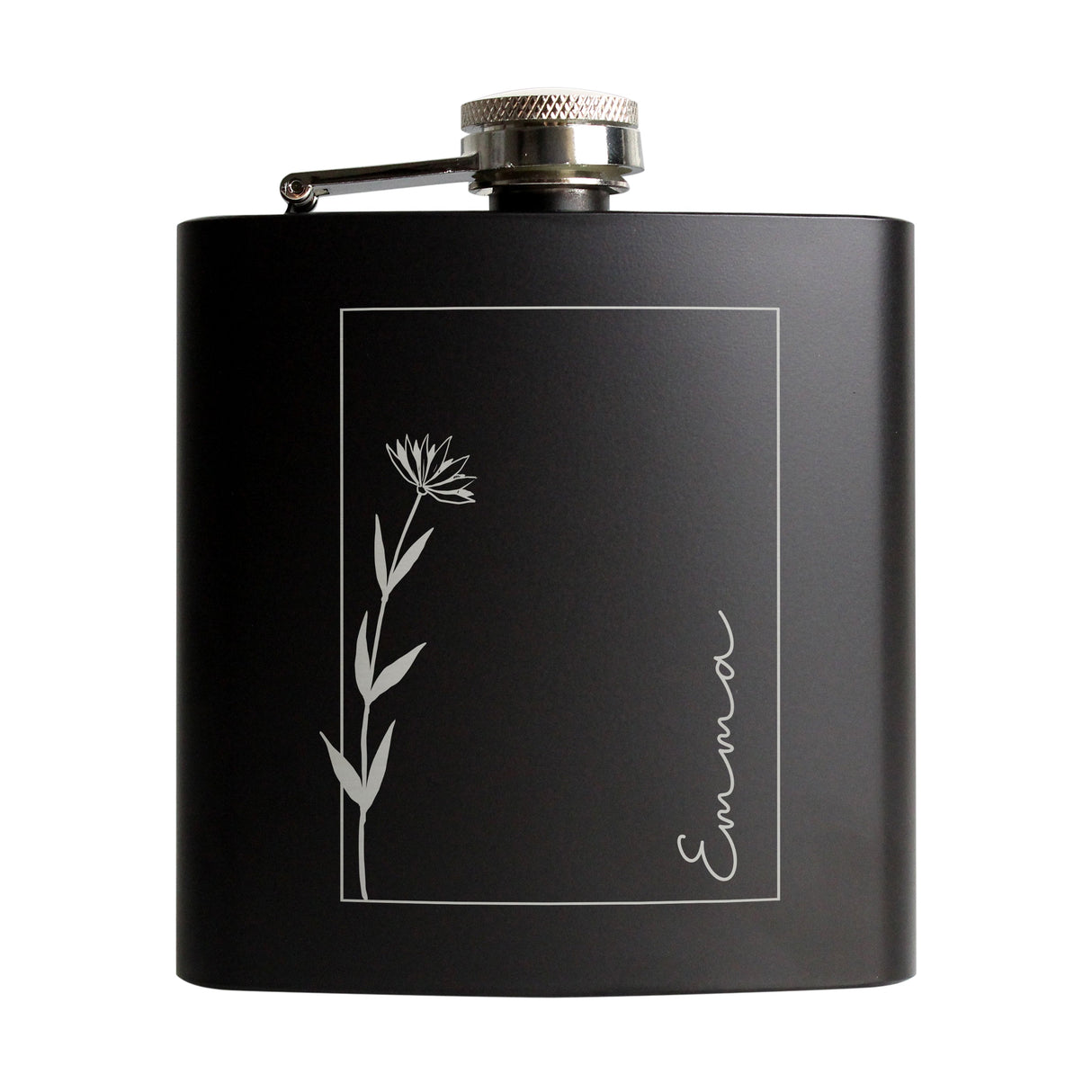 Personalised Monochrome Floral Name Black Hip Flask: 6 - Hip Flasks By Gift Moments