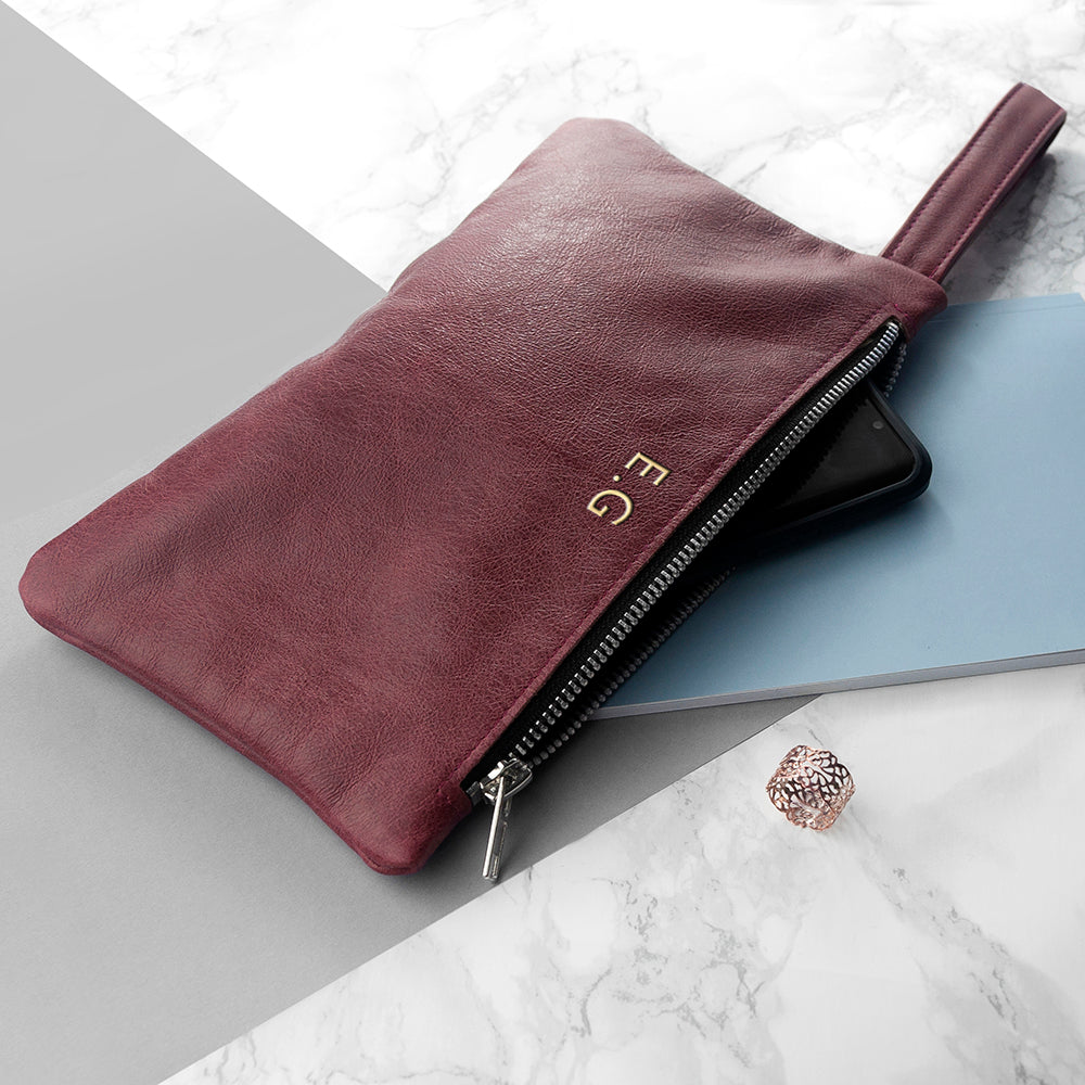 Personalised Monogram Burgundy Leather Clutch Bag: 6 - Gold - Bags & Purses By Gift Moments