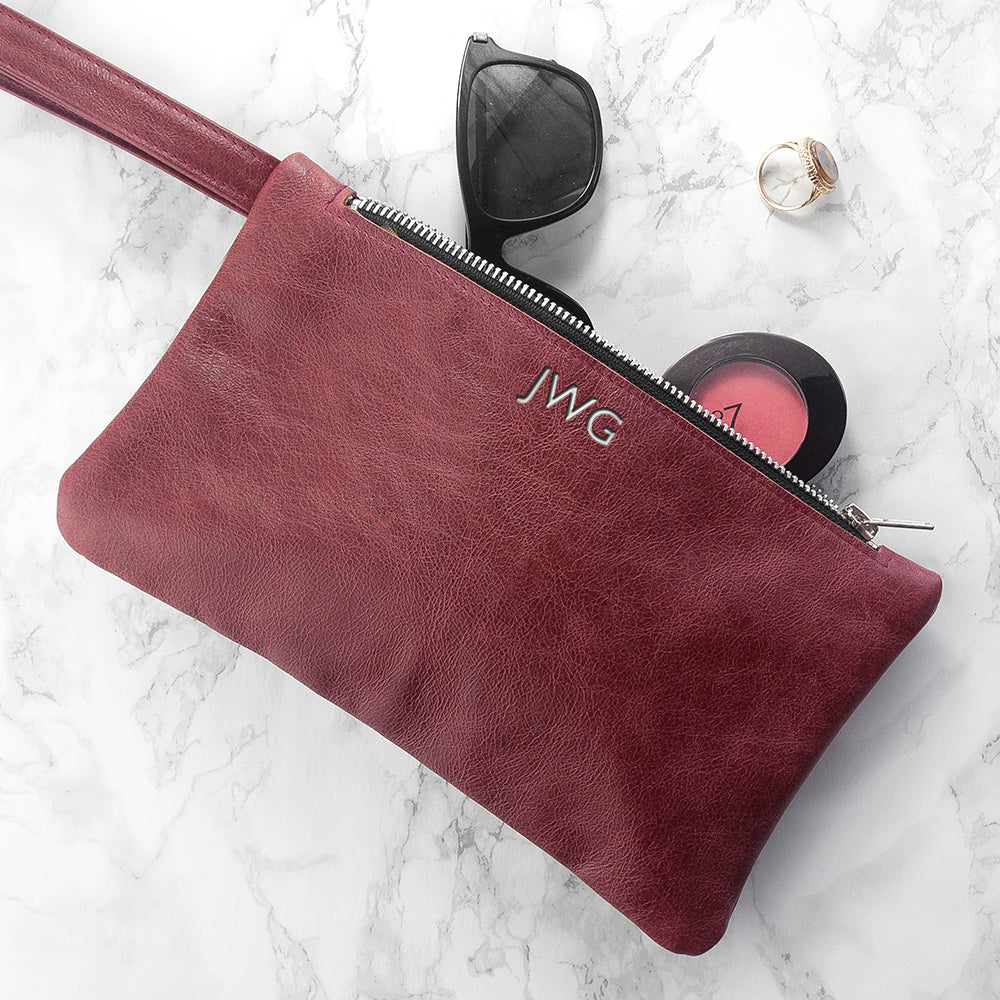 Personalised Monogram Burgundy Leather Clutch Bag: 1 - Silver - Bags & Purses By Gift Moments