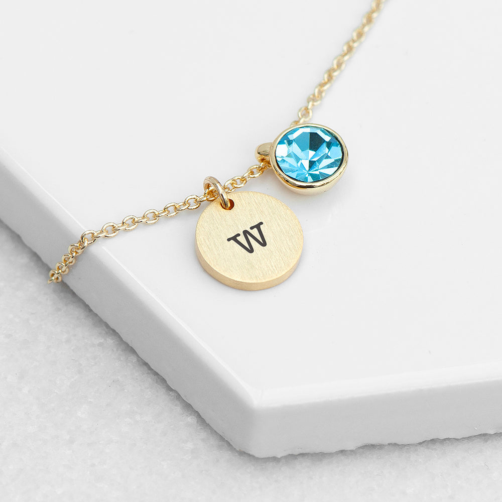 Personalised Monogram Gold Birthstone Crystal & Disc Necklaces: 6 - March - Necklaces By Gift Moments