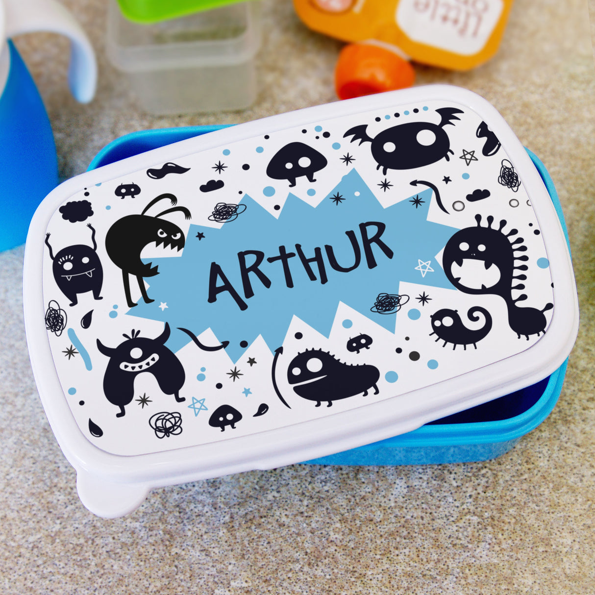 Personalised Monsters Name Only Blue Lunch Box: 1 - Lunch Boxes & Bags By Gift Moments