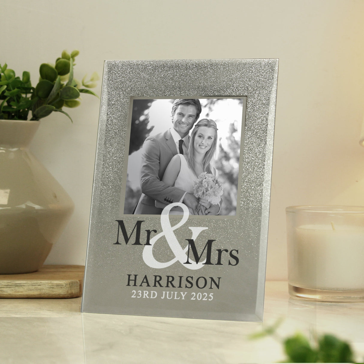 Personalised Mr & Mrs 4x4 Glitter Glass Photo Frame: 2 - Photo Frames By Gift Moments