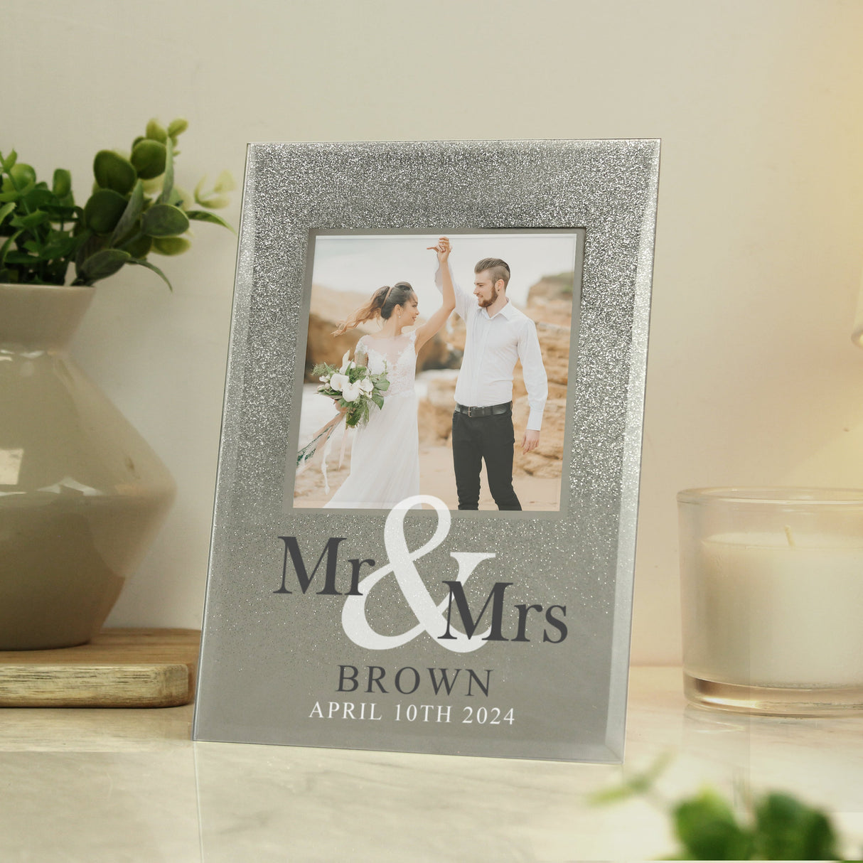 Personalised Mr & Mrs 4x4 Glitter Glass Photo Frame: 1 - Photo Frames By Gift Moments