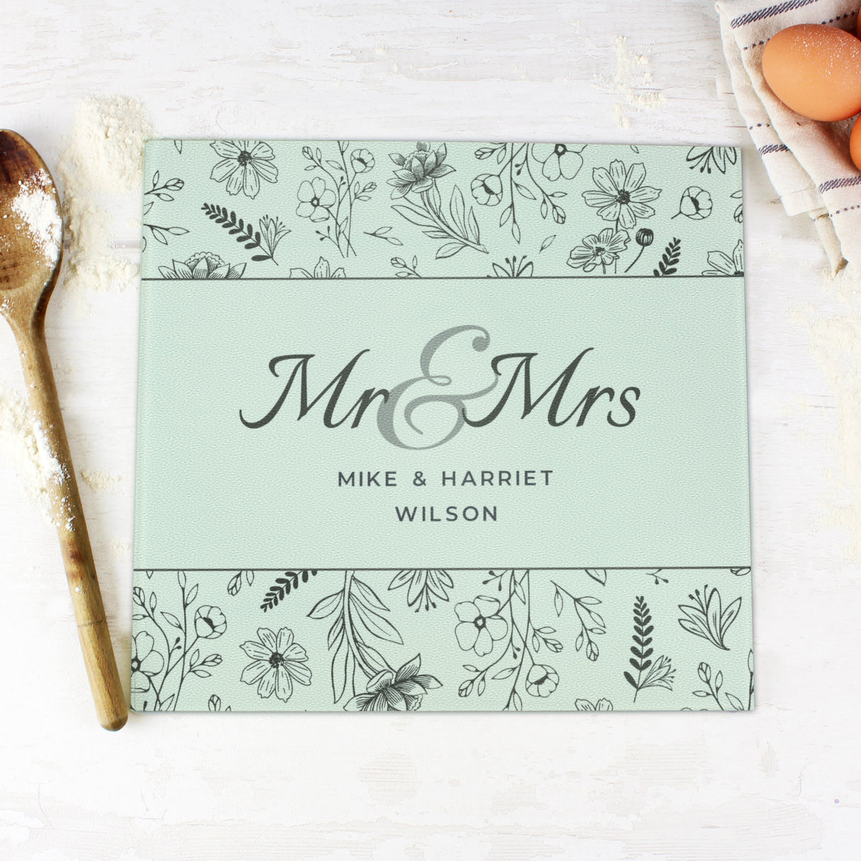 Personalised Mr & Mrs Botanical Glass Chopping Board/Worktop Saver: 3 - Chopping Boards By Gift Moments