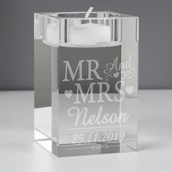 Personalised Mr & Mrs Glass Tea Light Candle Holder: 1 - Candle Holders By Gift Moments