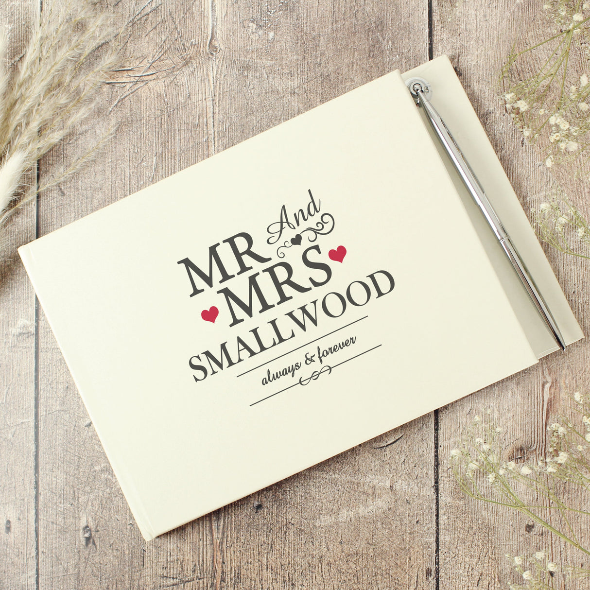 Personalised Mr & Mrs Hardback Guest Book & Pen: 1 - Guest Books By Gift Moments
