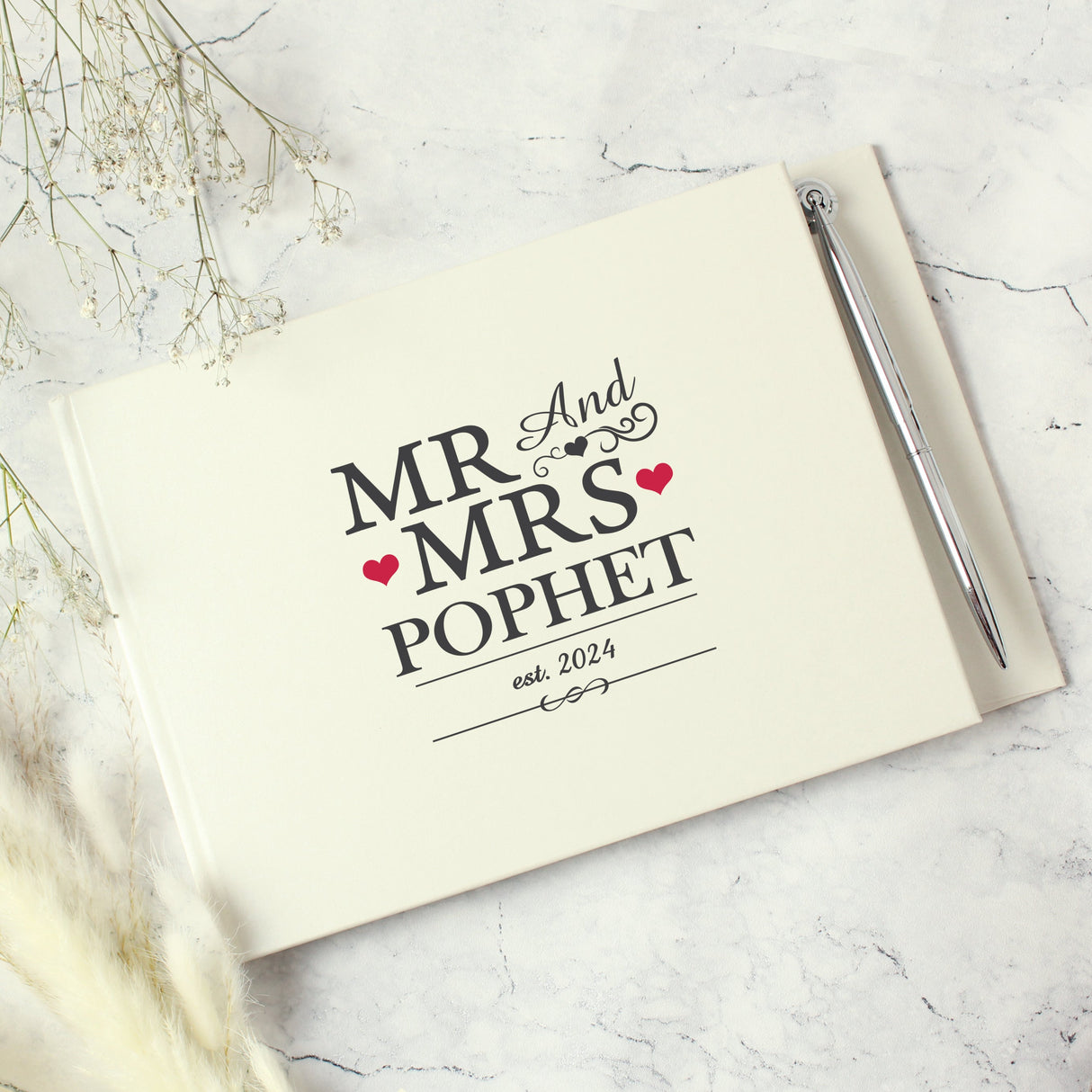 Personalised Mr & Mrs Hardback Guest Book & Pen: 5 - Guest Books By Gift Moments