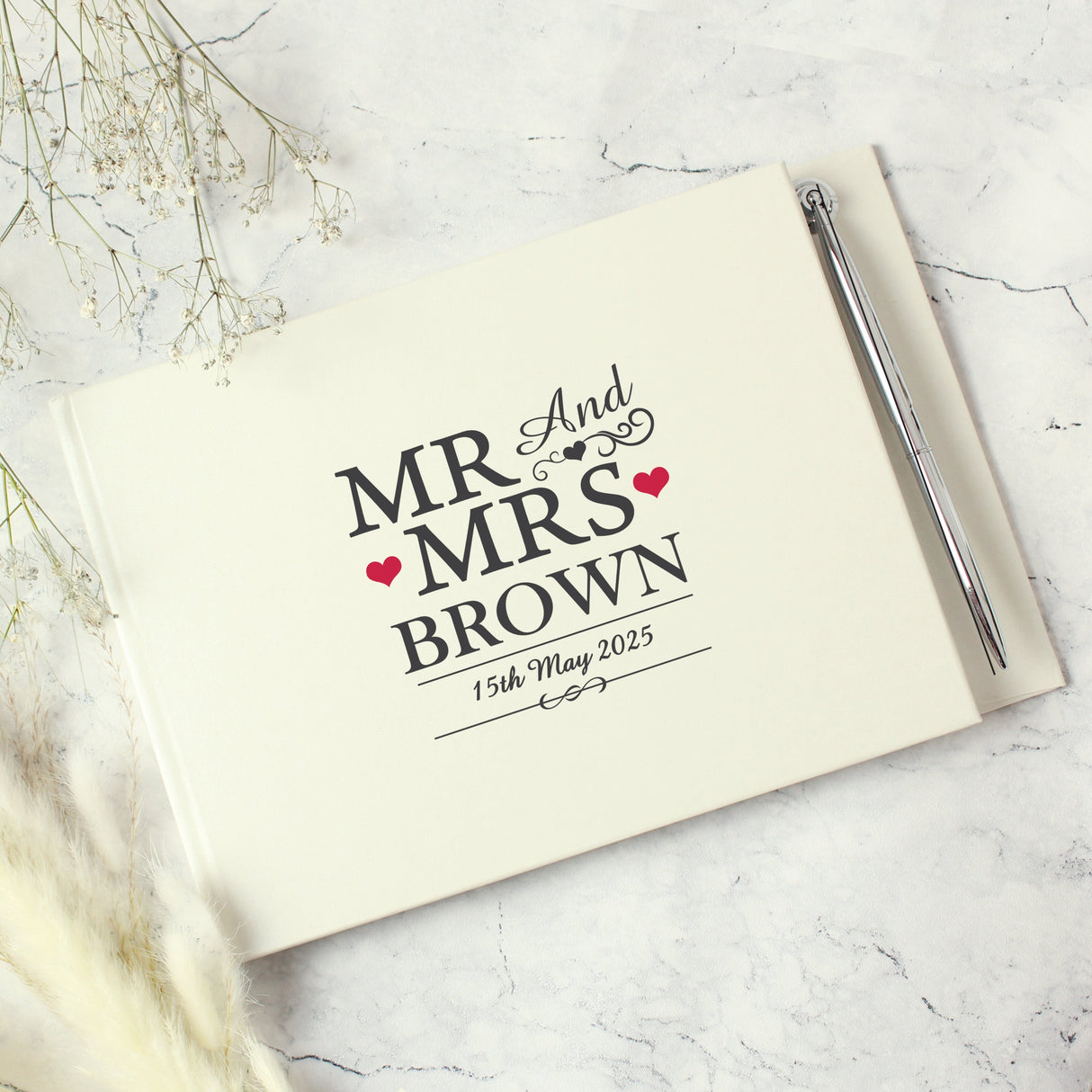 Personalised Mr & Mrs Hardback Guest Book & Pen: 2 - Guest Books By Gift Moments