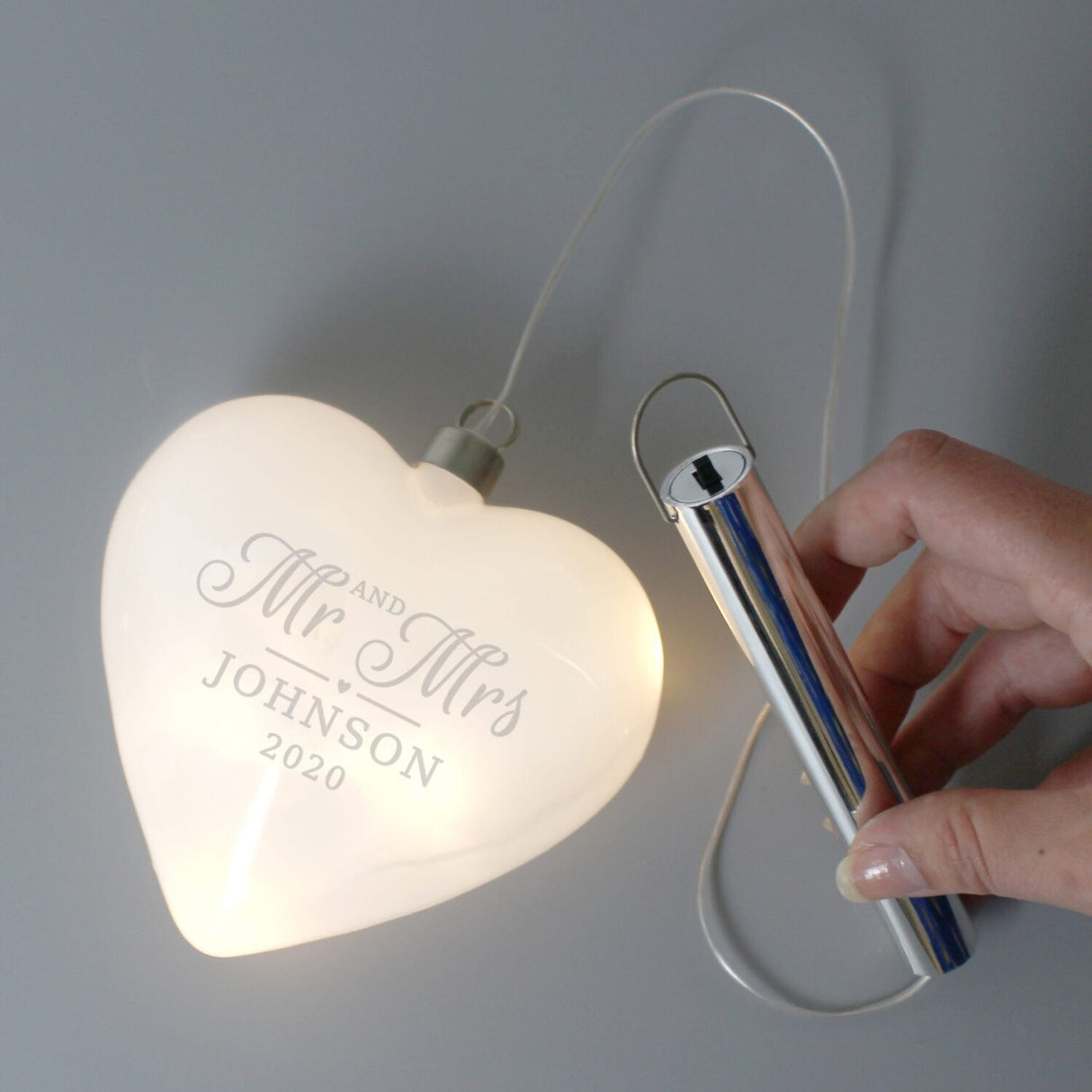 Personalised Mr & Mrs LED Hanging Glass Heart: 2 - LED Lighting By Gift Moments