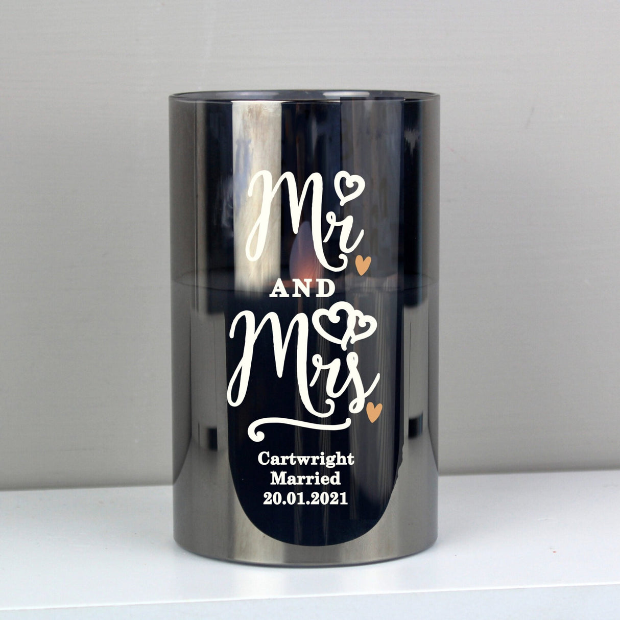 Personalised Mr & Mrs Smoked Glass LED Candle: 2 - LED Lighting By Gift Moments