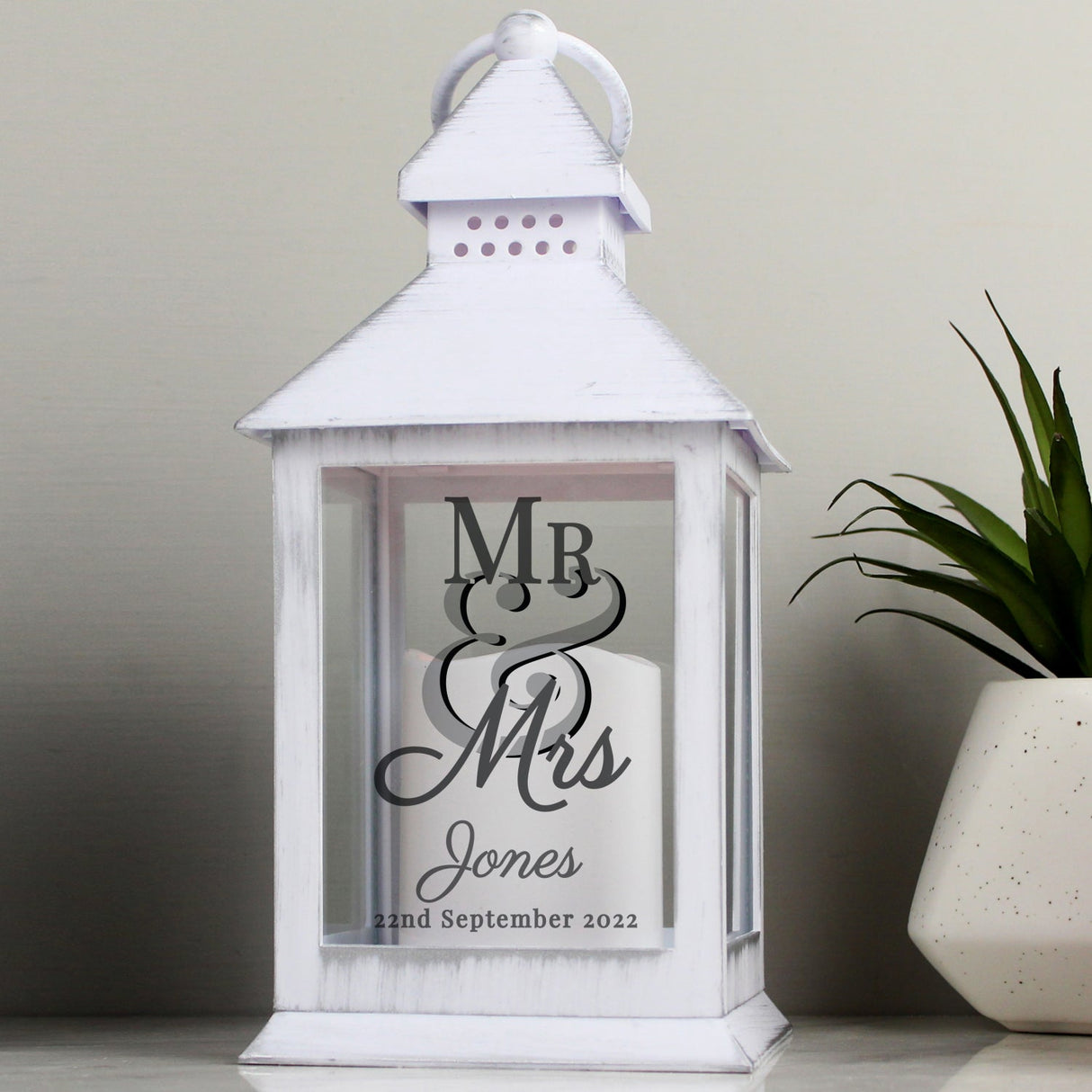 Personalised Mr & Mrs White Lantern: 1 - LED Lighting By Gift Moments