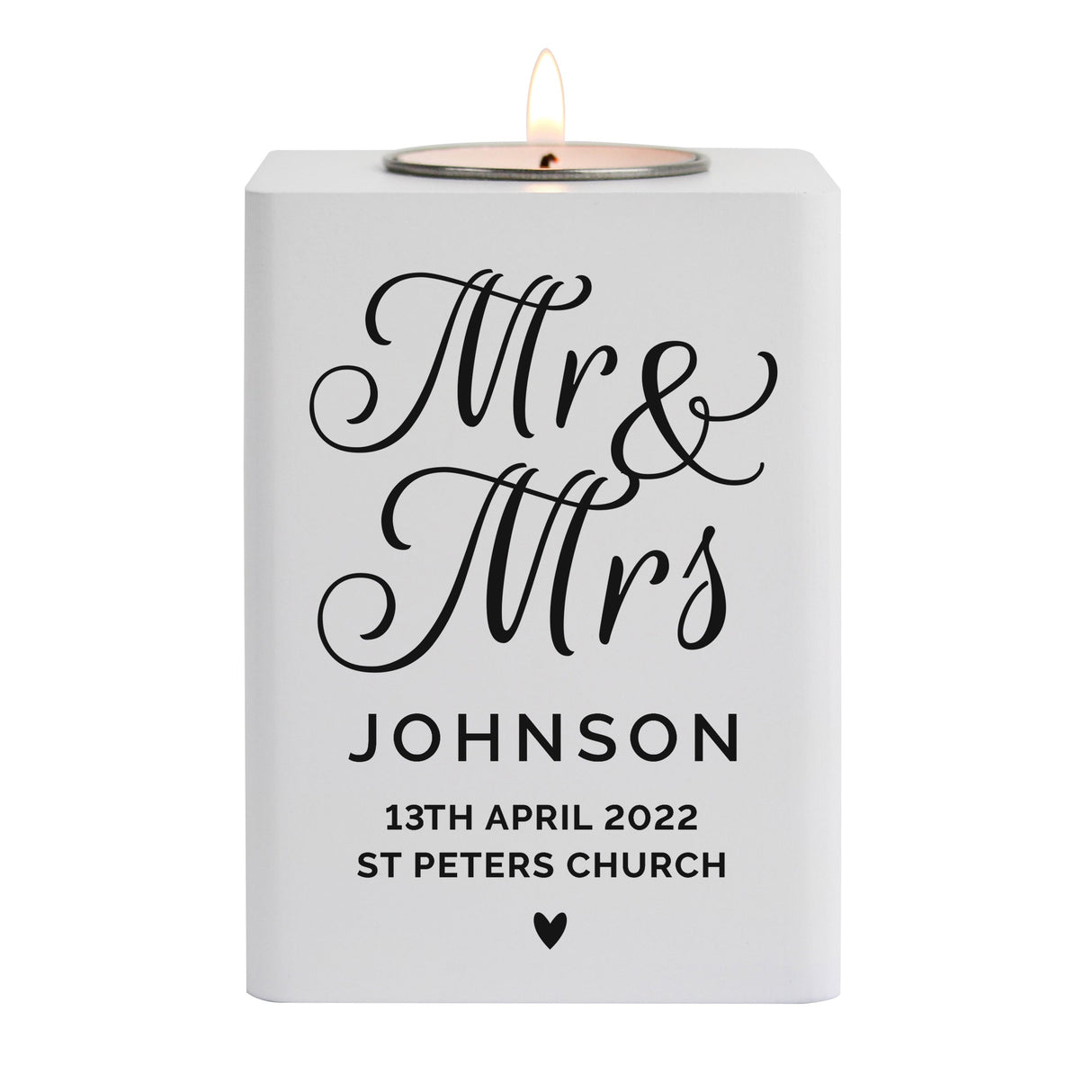 Personalised Mr & Mrs White Wooden Tea light Holder: 4 - Candle Holders By Gift Moments