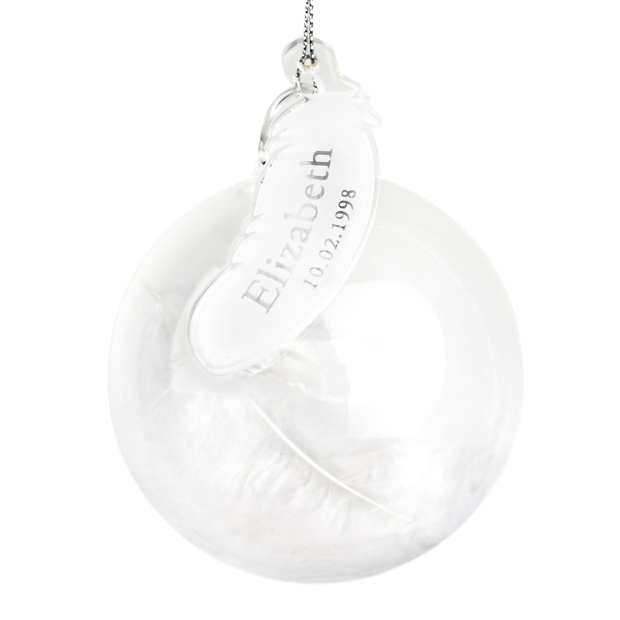 Personalised Name & Date Feather Glass Bauble: 3 - Christmas Baubles By Gift Moments