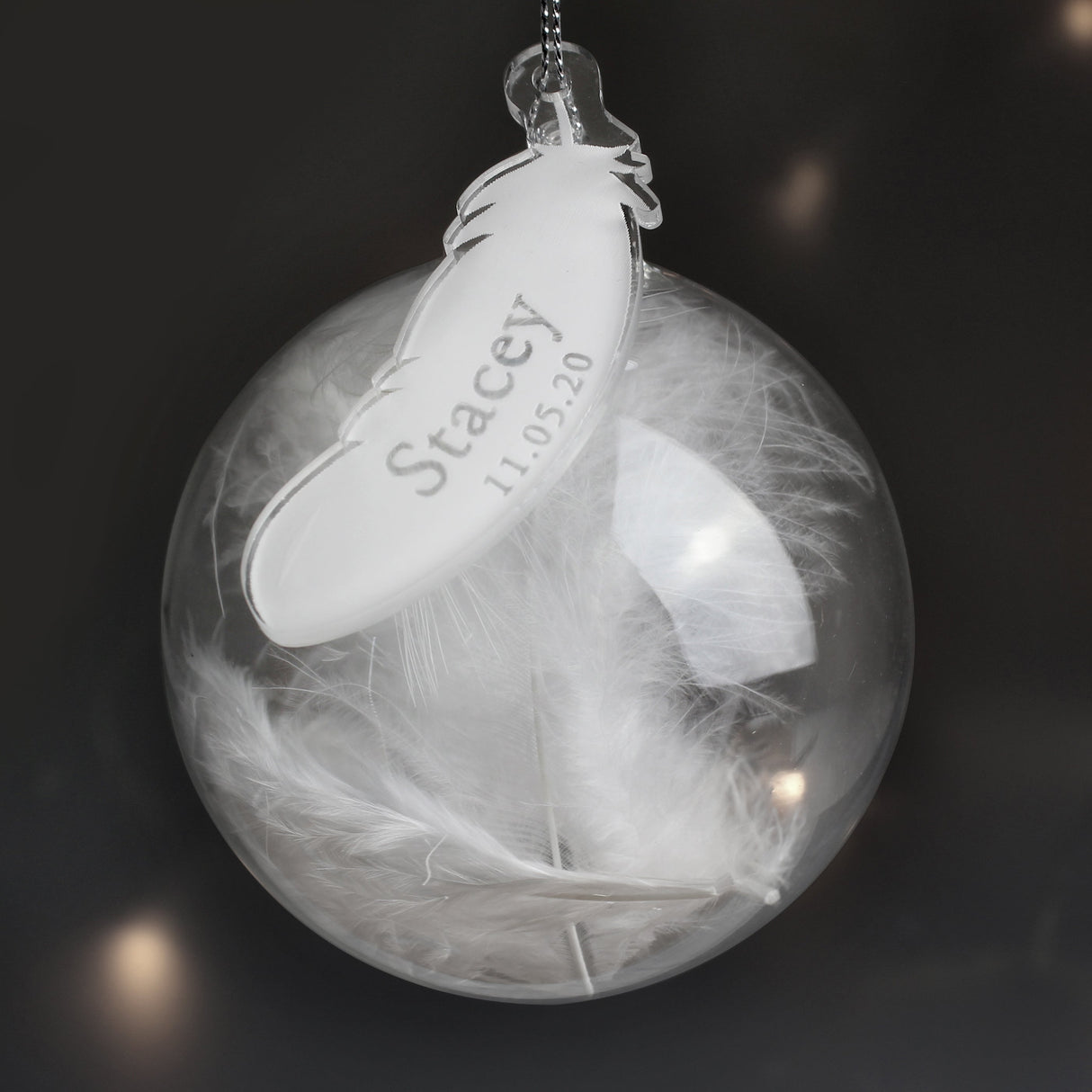 Personalised Name & Date Feather Glass Bauble: 2 - Christmas Baubles By Gift Moments