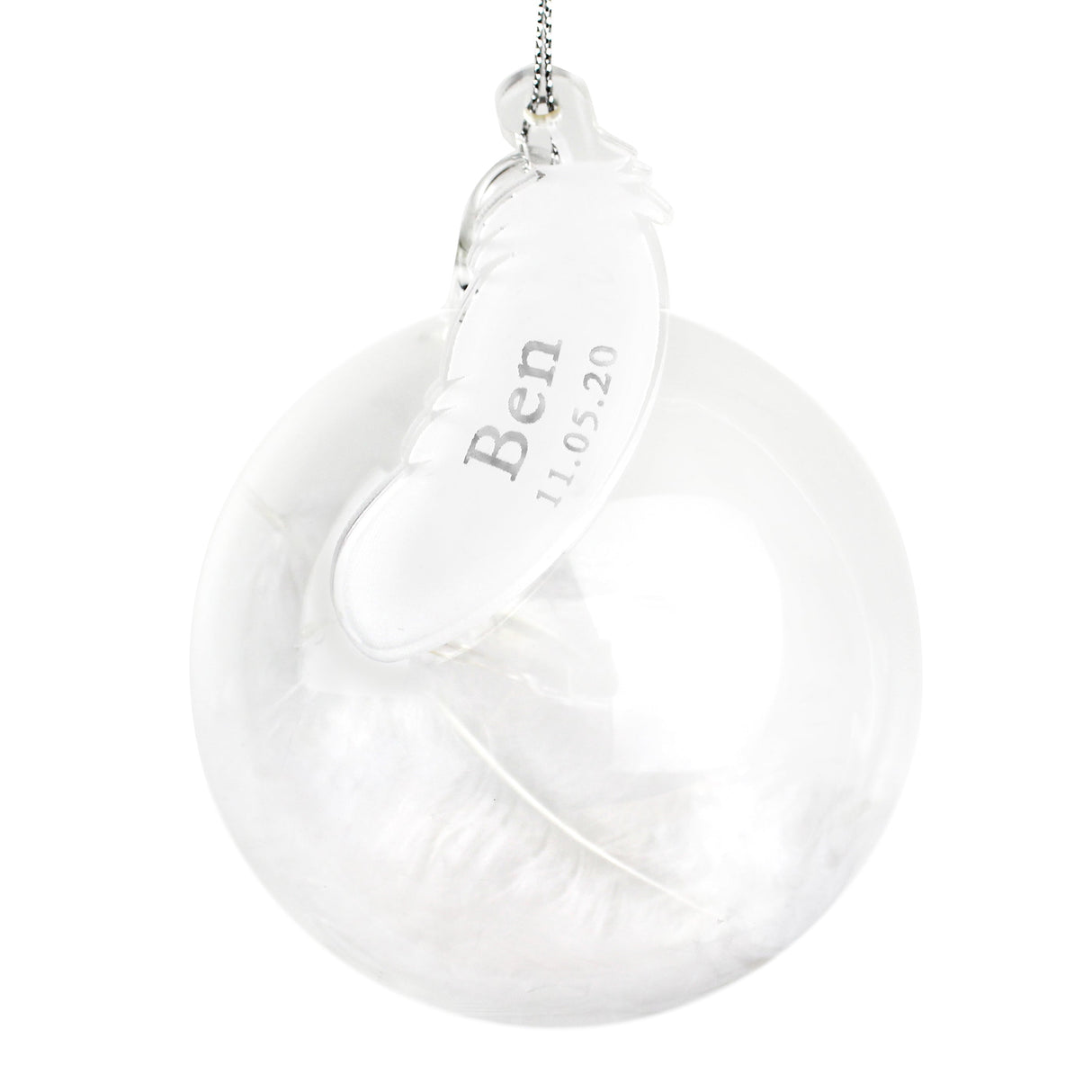 Personalised Name & Date Feather Glass Bauble: 4 - Christmas Baubles By Gift Moments
