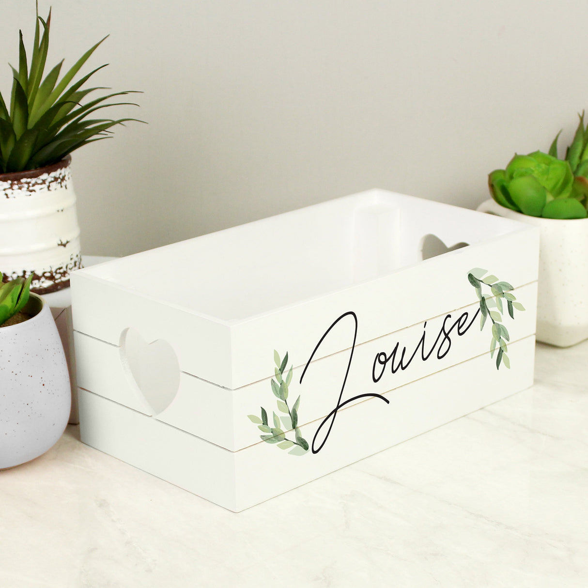 Personalised Name Only Botanical White Wooden Crate - Shop Storage At Gift Moments - 1