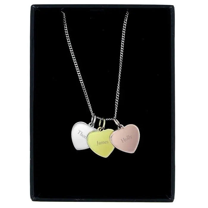 Personalised Names Gold Rose Gold and Silver 3 Hearts Necklace: 4 - Necklaces By Gift Moments