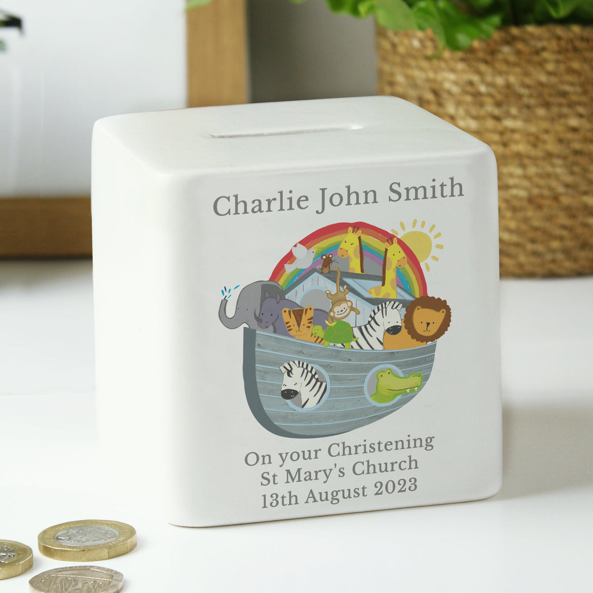 Personalised Noahs Ark Ceramic Square Money Box: 4 - Money Boxes By Gift Moments