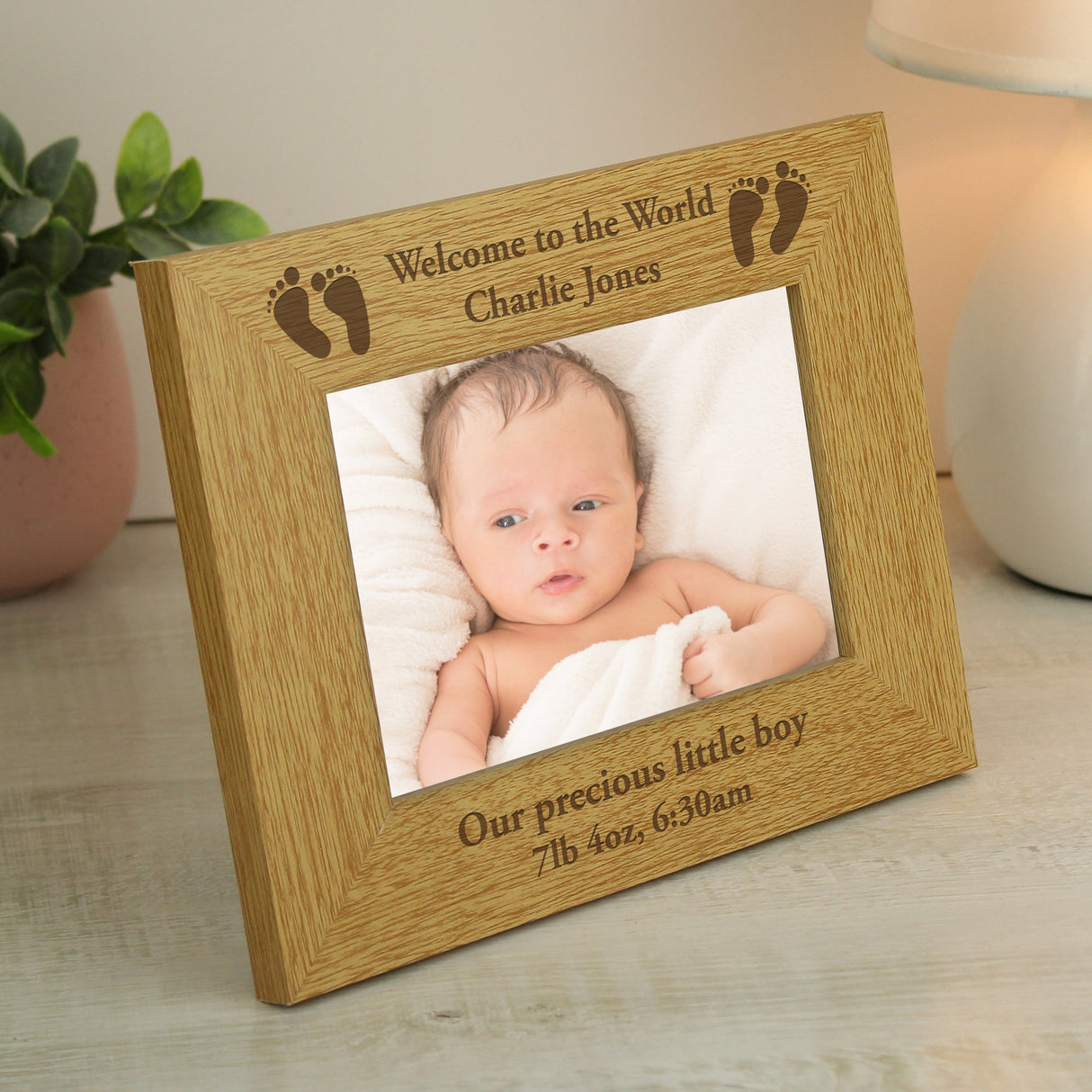 Personalised Oak Finish 6x4 Landscape Baby Footprints Photo Frame - Shop Photo Frames At Gift Moments - 3