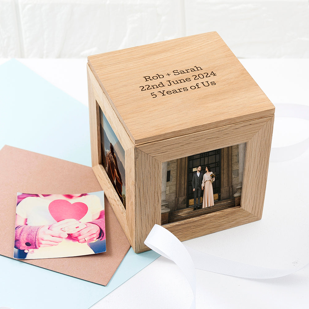 Personalised Oak Photo Cube Keepsake Box: 5 - Photo Cubes By Gift Moments