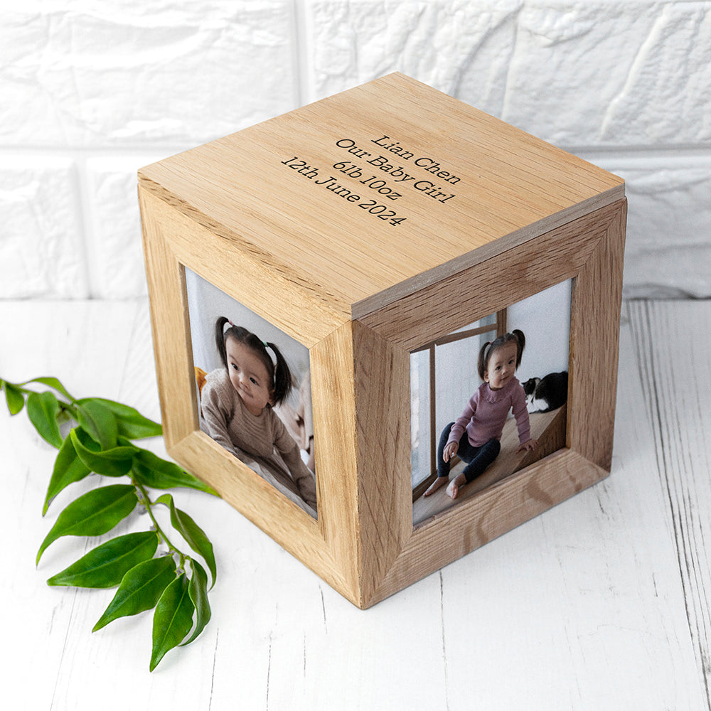 Personalised Oak Photo Cube Keepsake Box: 4 - Photo Cubes By Gift Moments