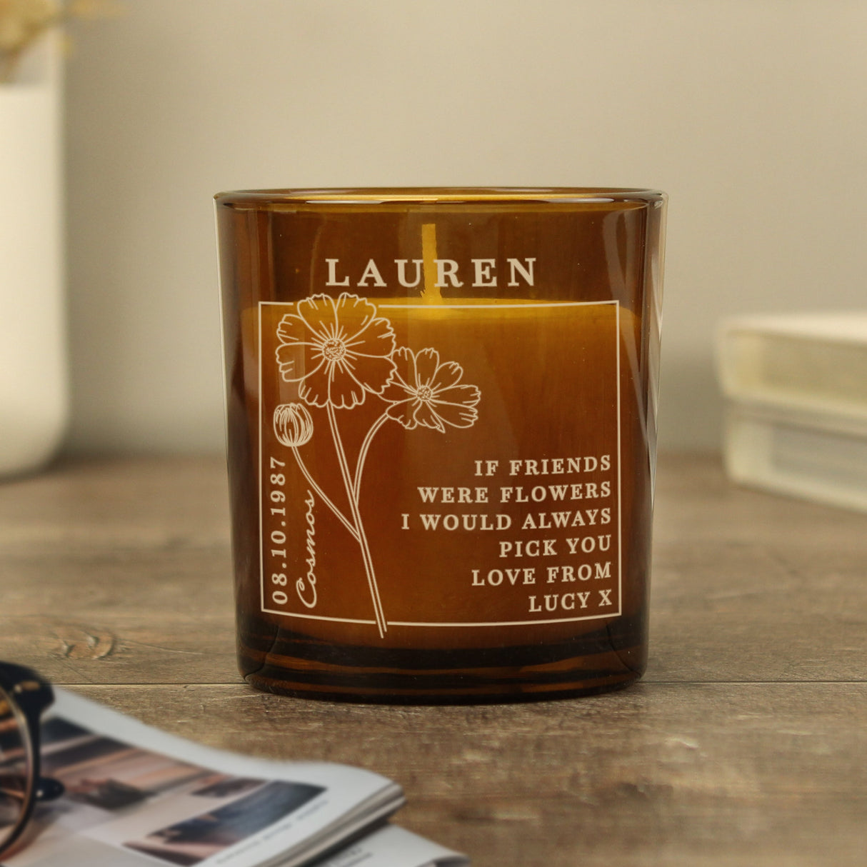 Personalised October Birth Flower Amber Glass Candle: 6 - Candles By Gift Moments