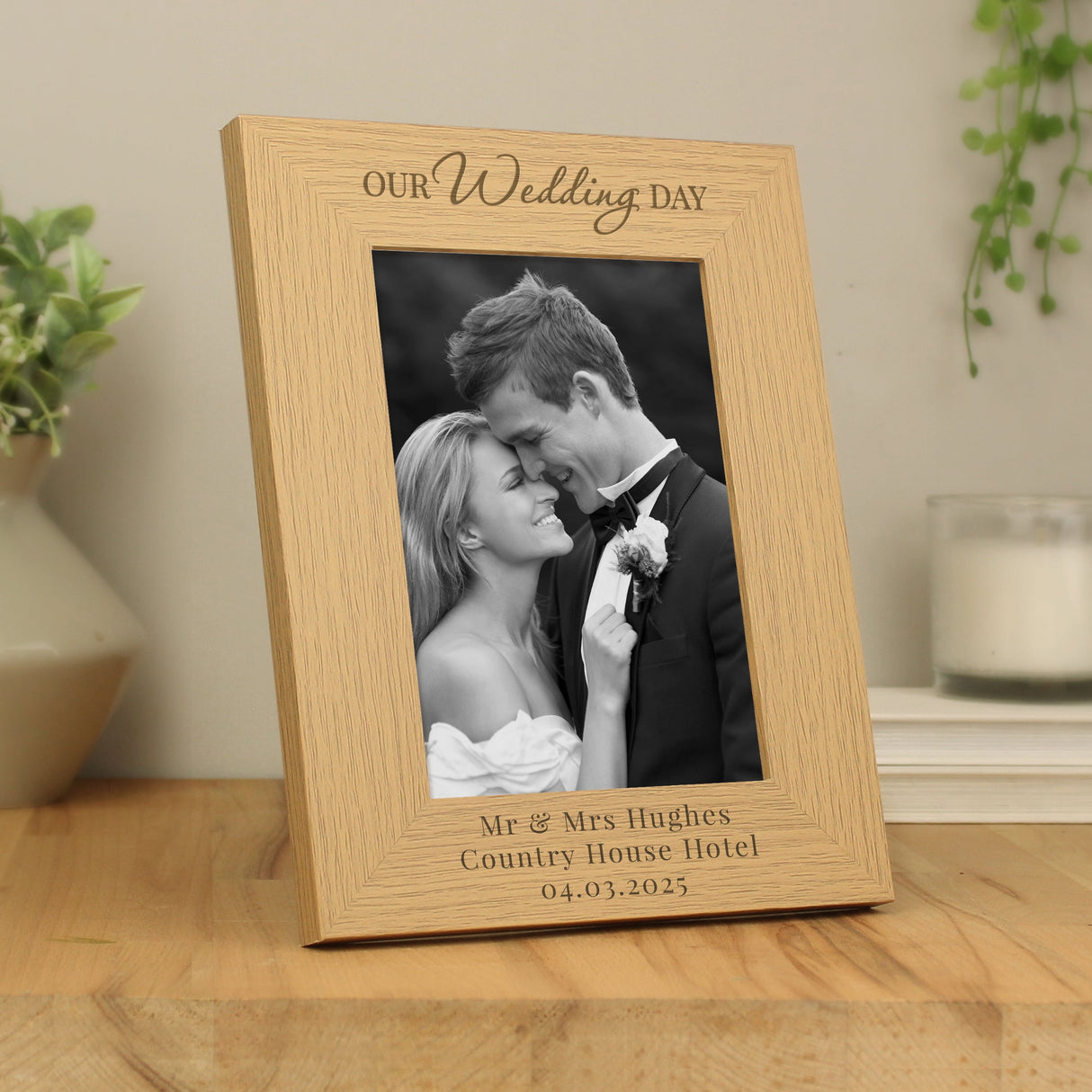 Personalised ’Our Wedding Day’ 5x7 Oak Finish Photo Frame: 1 - Photo Frames By Gift Moments