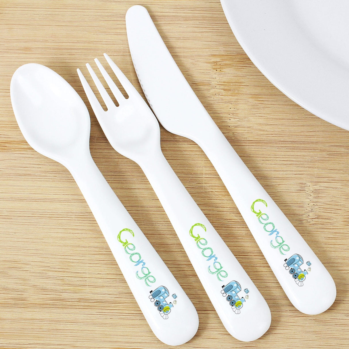 Personalised Patchwork Train 3 Piece Plastic Cutlery Set: 2 - Cutlery Sets By Gift Moments