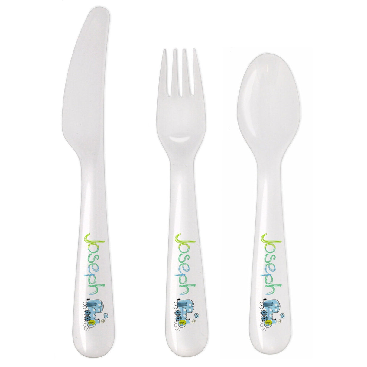 Personalised Patchwork Train 3 Piece Plastic Cutlery Set: 3 - Cutlery Sets By Gift Moments