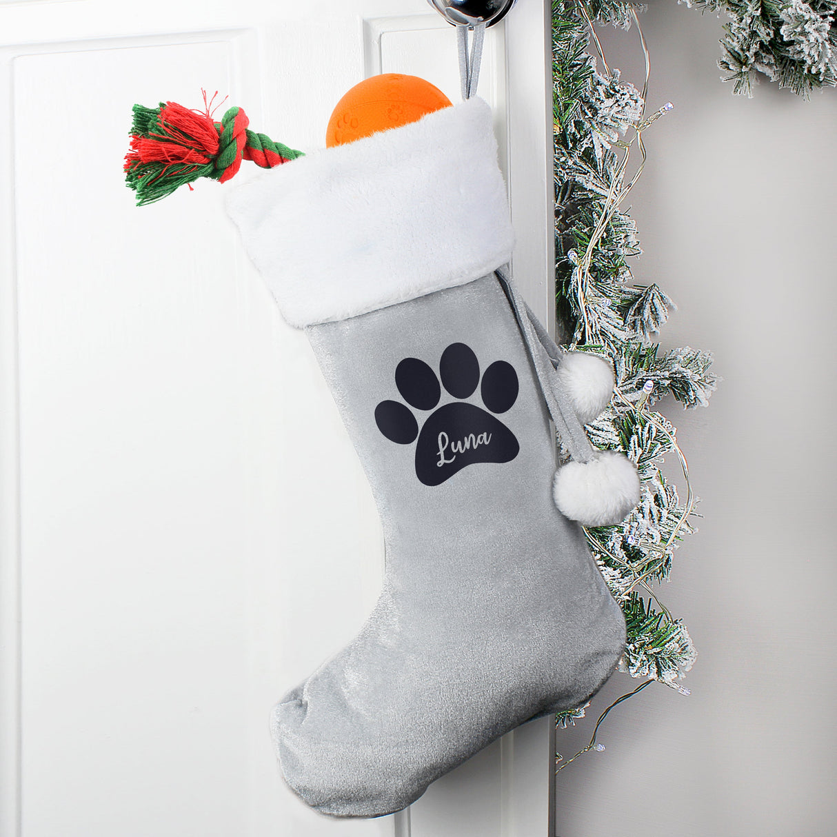 Personalised Paw Print Silver Grey Stocking: 3 - Christmas Stockings By Gift Moments