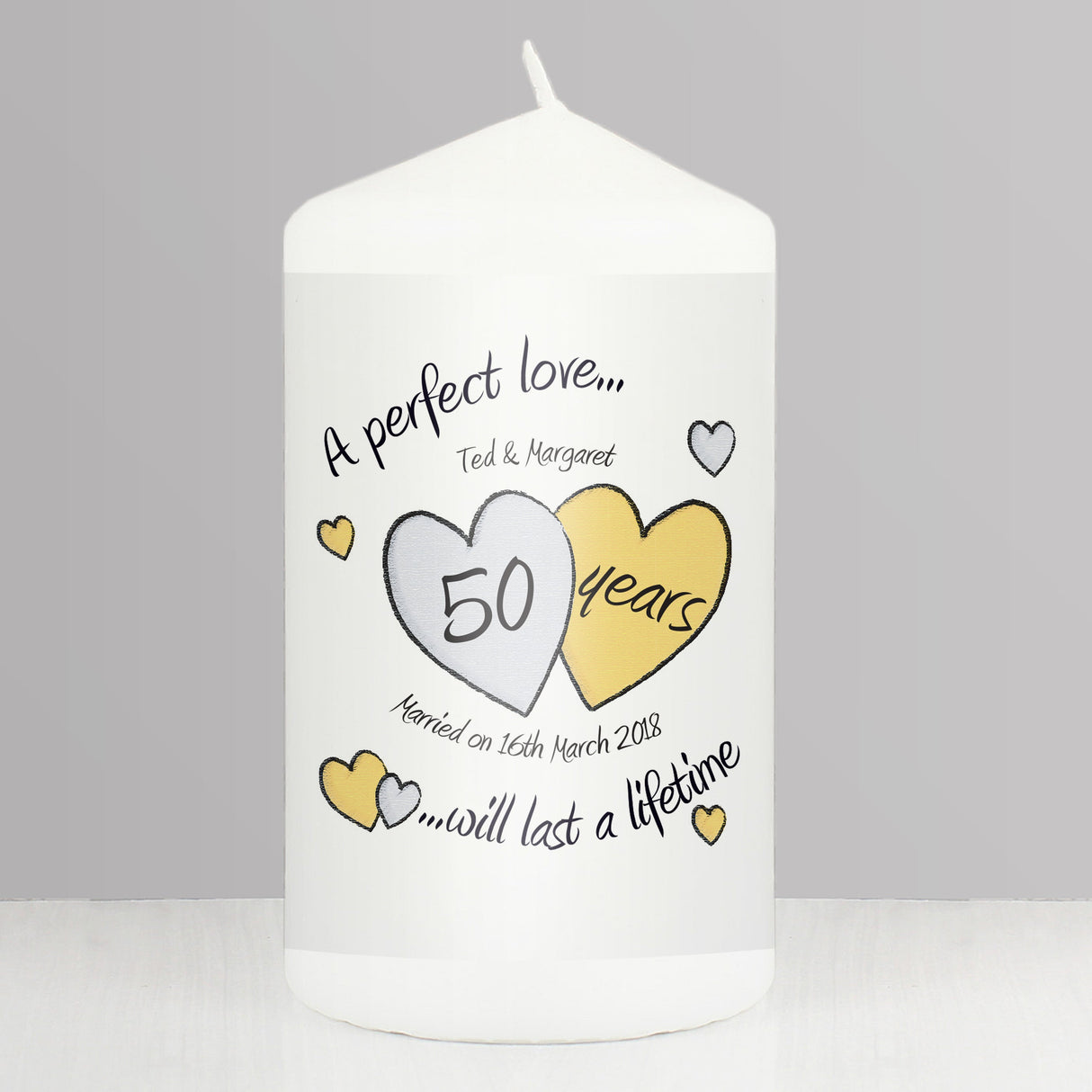 Personalised A Perfect Love Golden Anniversary Pillar Candle: 1 - Candles By Gift Moments