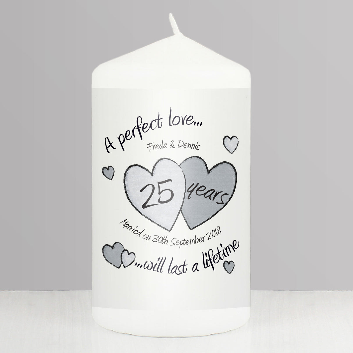Personalised A Perfect Love Silver Anniversary Pillar Candle: 1 - Candles By Gift Moments