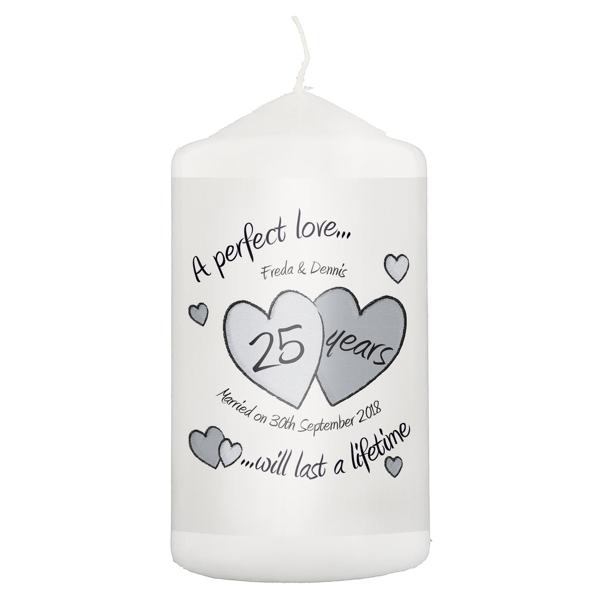 Personalised A Perfect Love Silver Anniversary Pillar Candle: 2 - Candles By Gift Moments