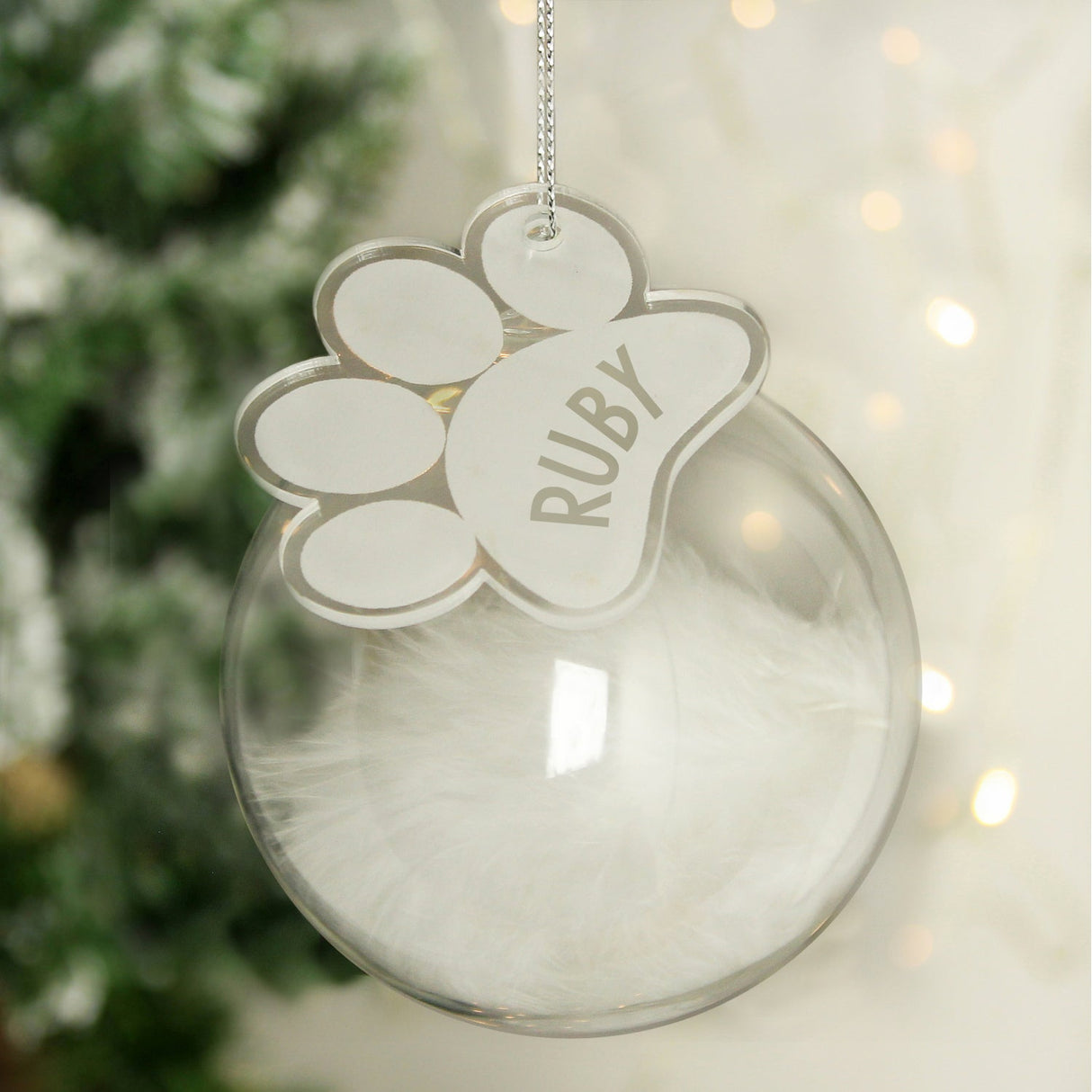 Personalised Pets White Feather Glass Bauble With Paw Print Tag: 2 - Christmas Baubles By Gift Moments