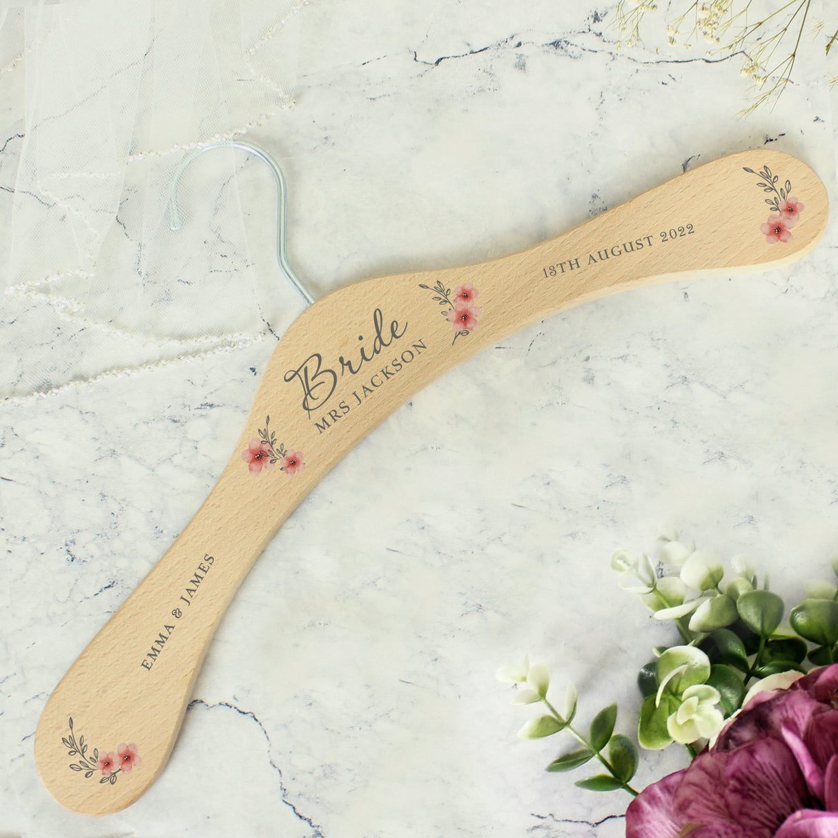 Personalised Pink Floral Wooden Hanger: 1 - Keepsakes By Gift Moments