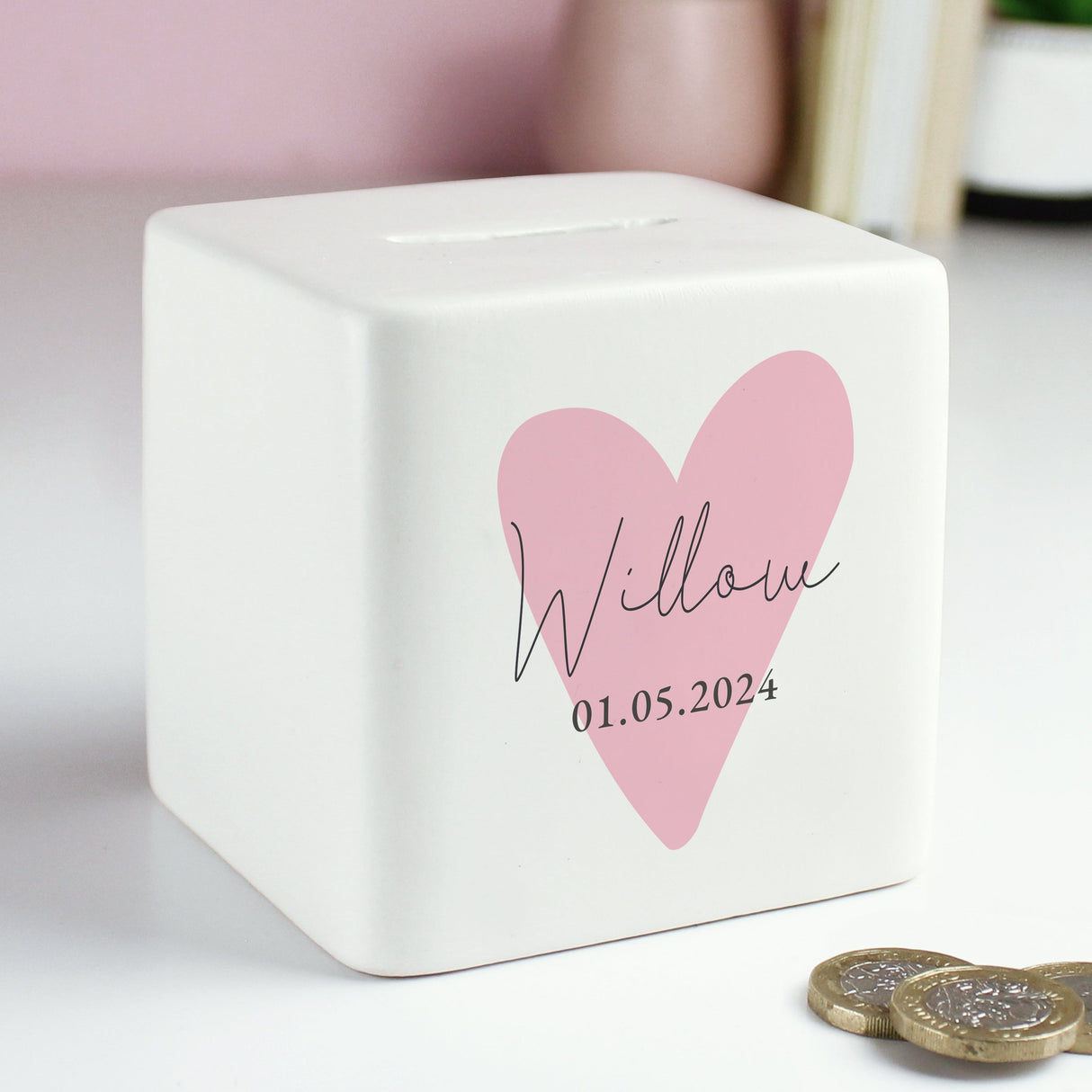 Personalised Pink Heart Ceramic Square Money Box: 2 - Money Boxes By Gift Moments