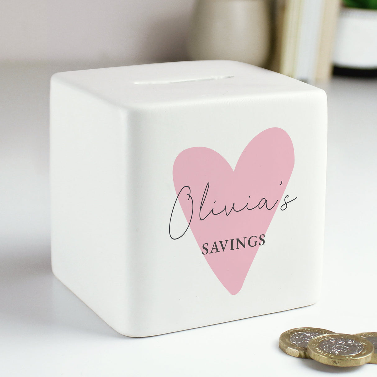 Personalised Pink Heart Ceramic Square Money Box: 1 - Money Boxes By Gift Moments