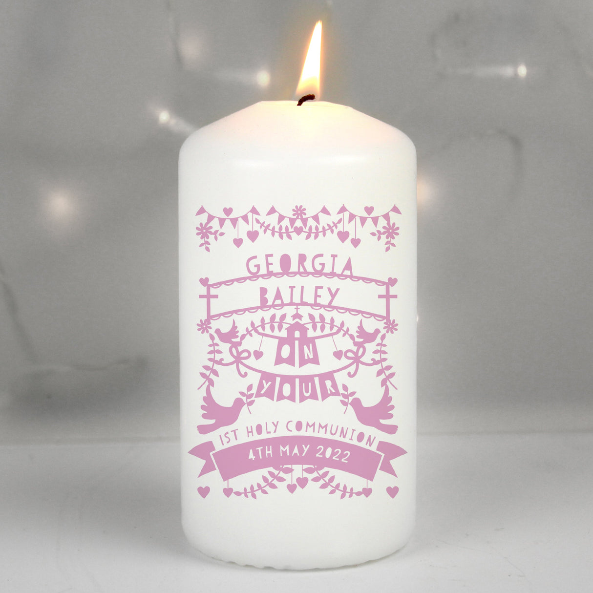 Personalised Pink Papercut Style Pillar Candle - Shop Candles At Gift Moments - 1