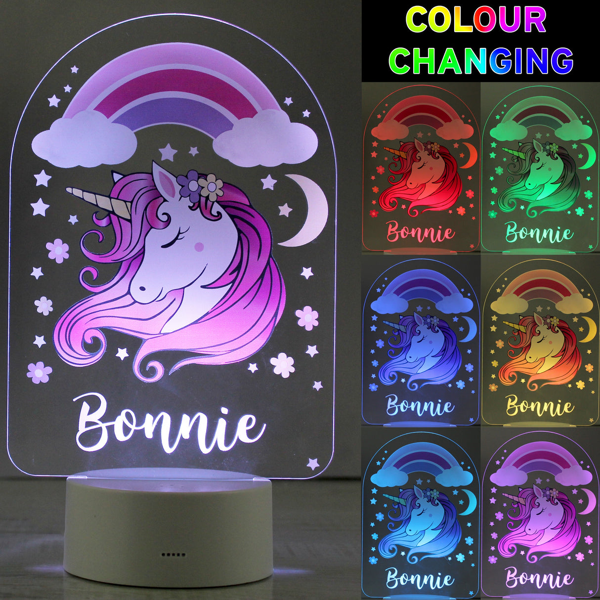 Personalised Pink Unicorn LED Colour Changing Night Light: 3 - LED Lighting By Gift Moments
