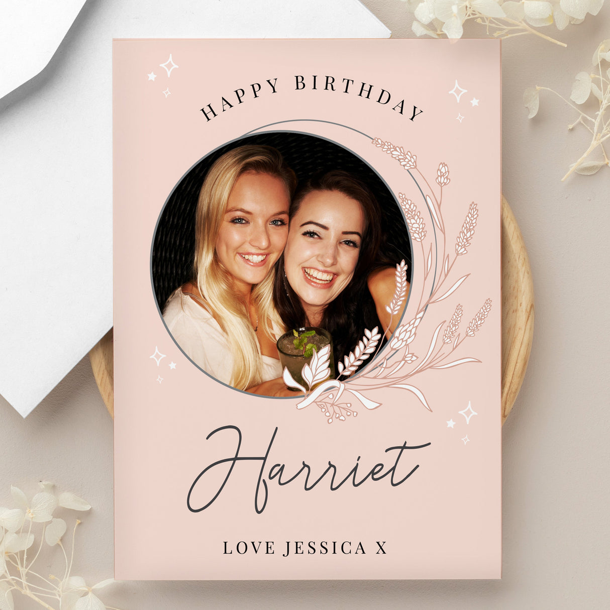 Personalised Pink Wreath Photo Upload Greeting Card: 1 - Greeting Cards By Gift Moments