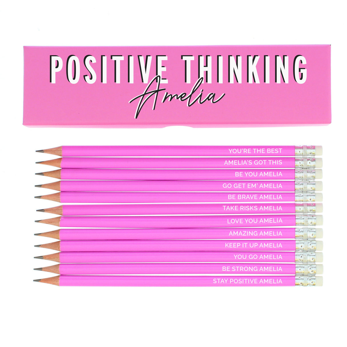 Personalised Positive Thinking Box and 12 Pink HB Pencils: 2 - Pens & Pencils By Gift Moments
