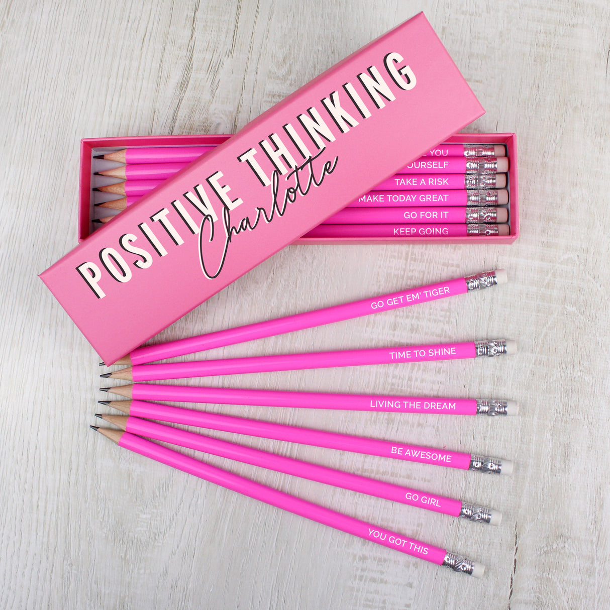 Personalised Positive Thinking Box and 12 Pink HB Pencils: 1 - Pens & Pencils By Gift Moments