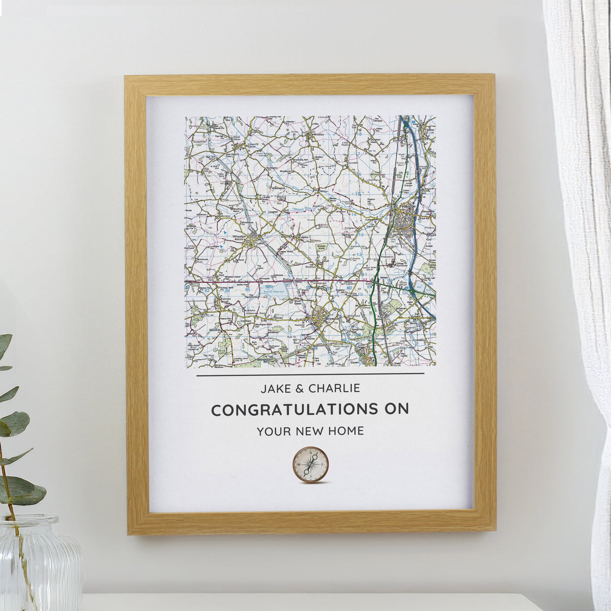 Personalised Present Day Map Compass Framed Prints: 1 - Oak - Framed Prints By Gift Moments