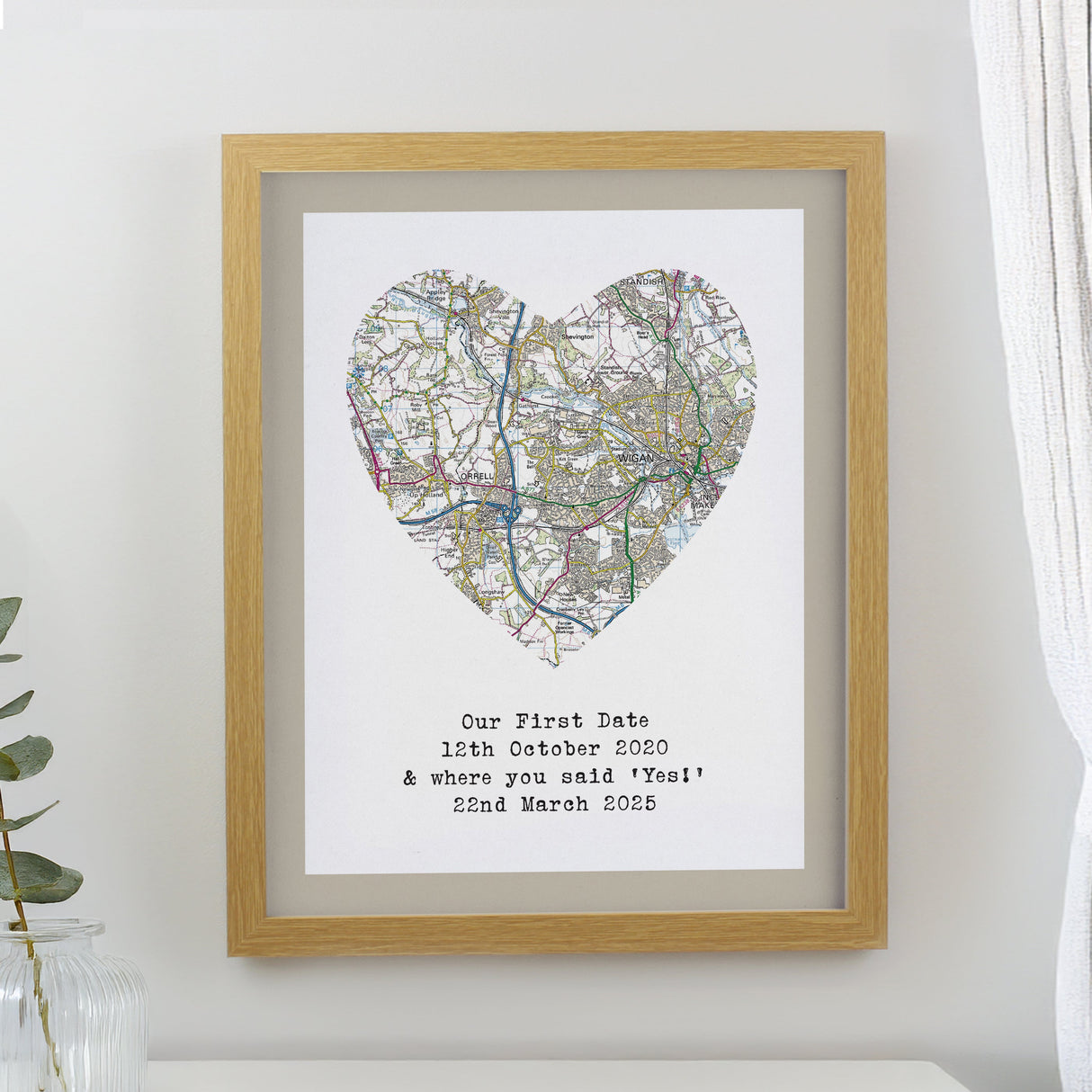 Personalised Present Day Map Heart Framed Prints - Oak - Shop Framed Prints At Gift Moments - 1
