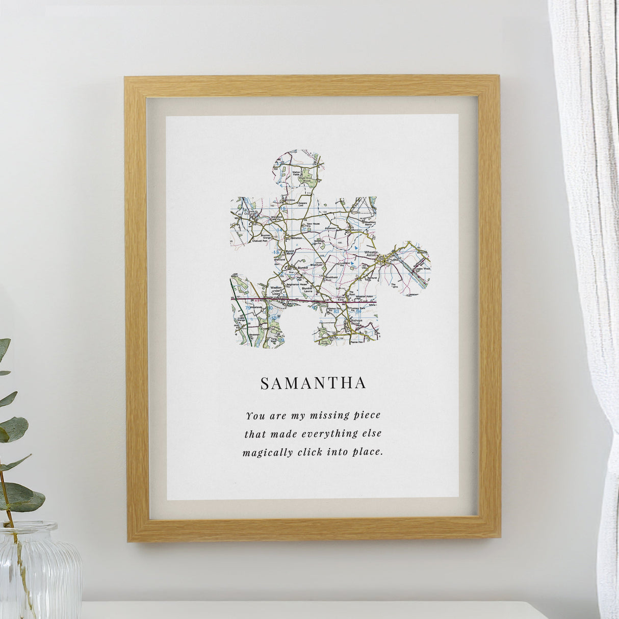 Personalised Present Day Map Puzzle Piece Framed Prints: 1 - Oak - Framed Prints By Gift Moments