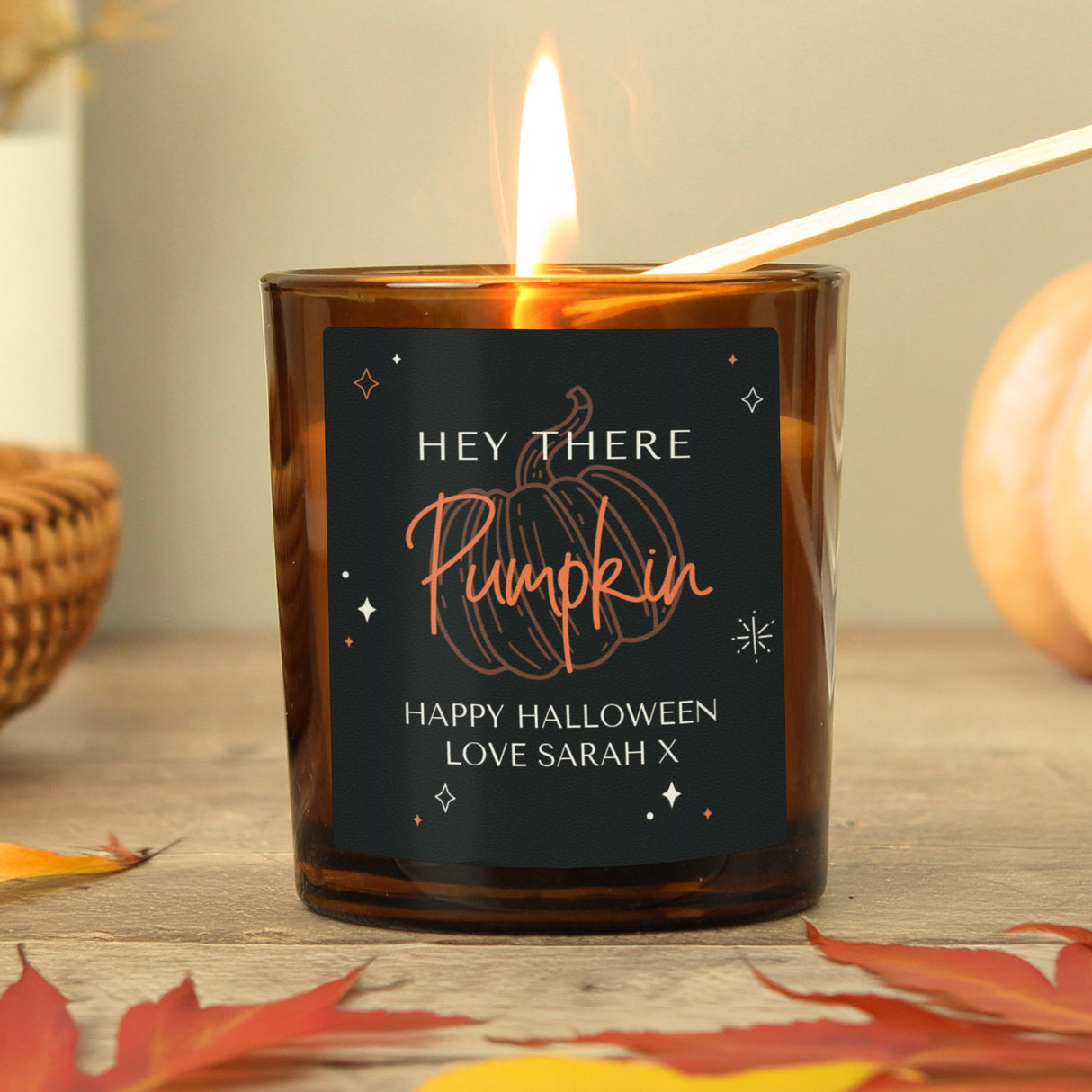 Personalised Pumpkin Amber Glass Candle: 3 - Candles By Gift Moments