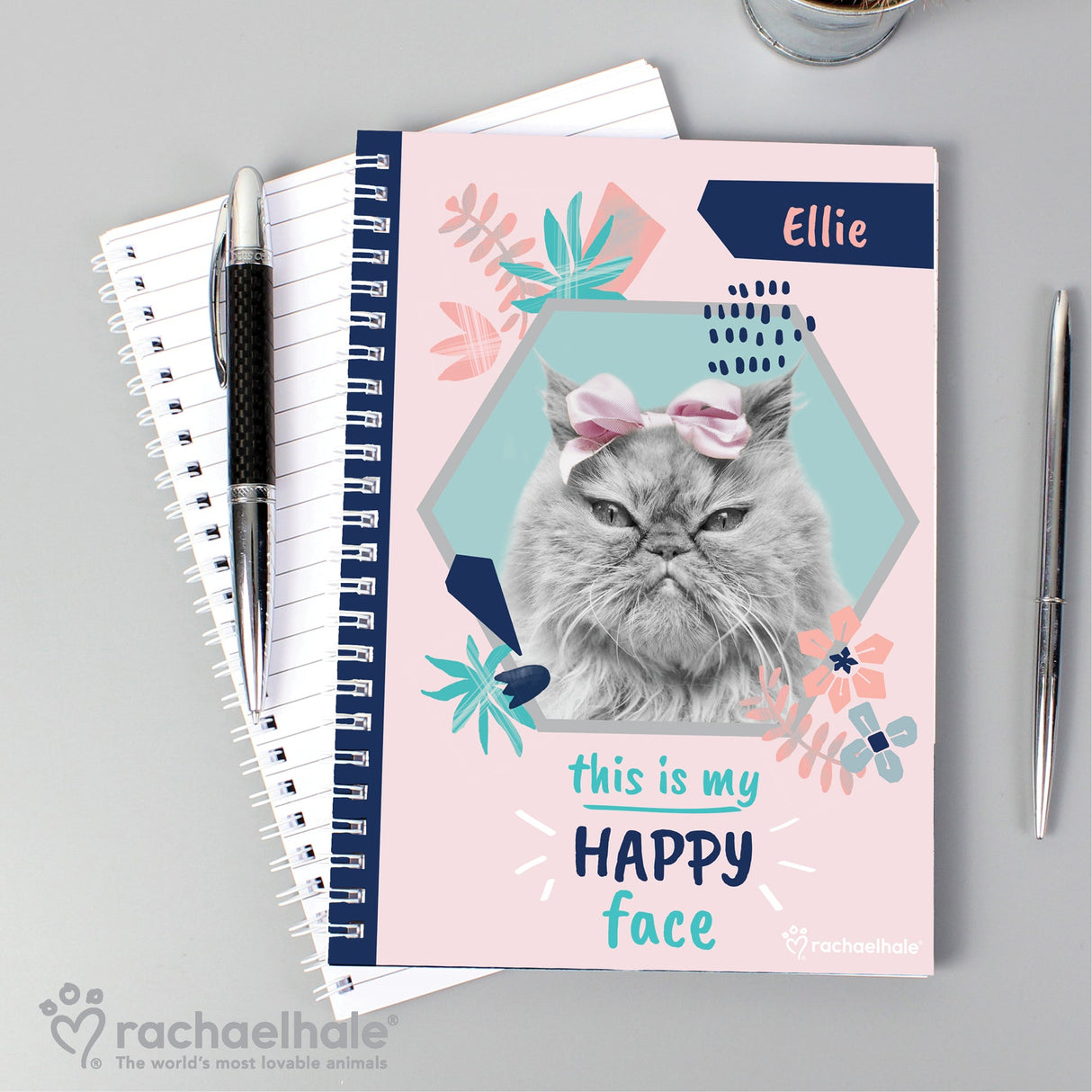 Personalised Rachael Hale ’Happy Face’ Cat A5 Notebook - Shop Notebooks At Gift Moments - 1